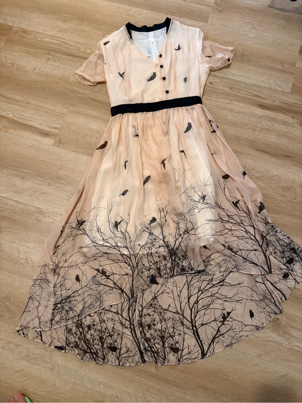 Silk Peach Chiffon Dress with Black Bird & Tree Print